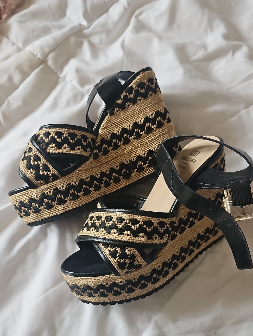 Black and Natural Woven Platform Wedge Sandals - Women